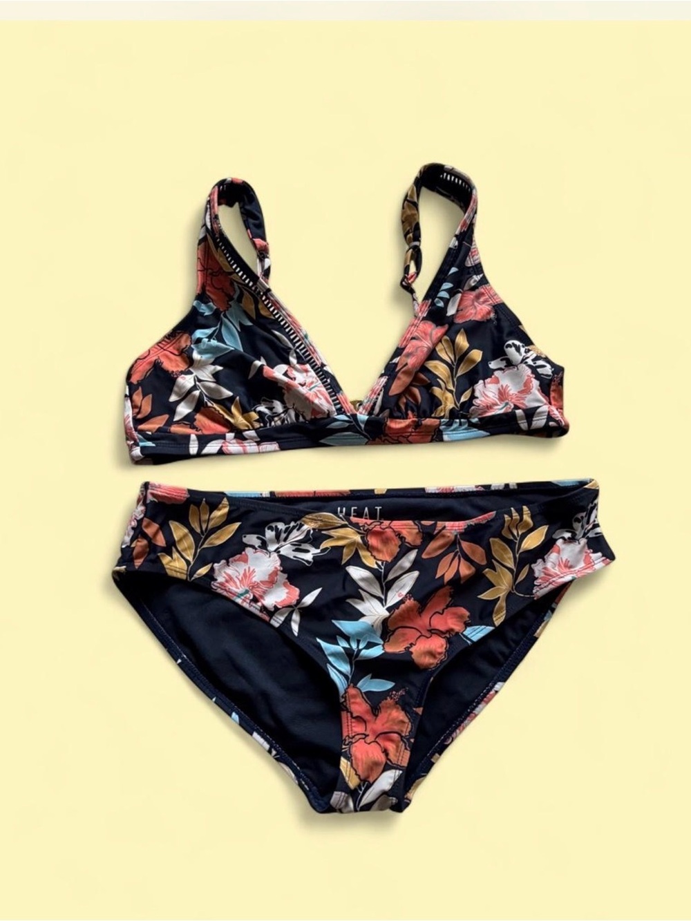 Floral Triangle Bikini Set - Black with Coral & wMustard Accents